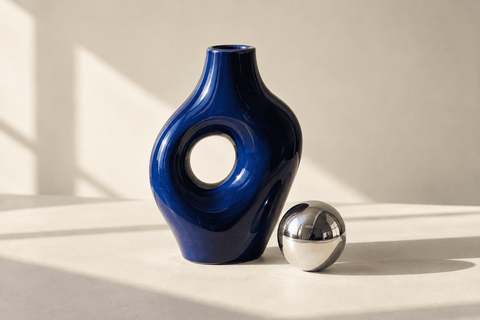 Illustrative cobalt vase in a fictional ceramic storefront