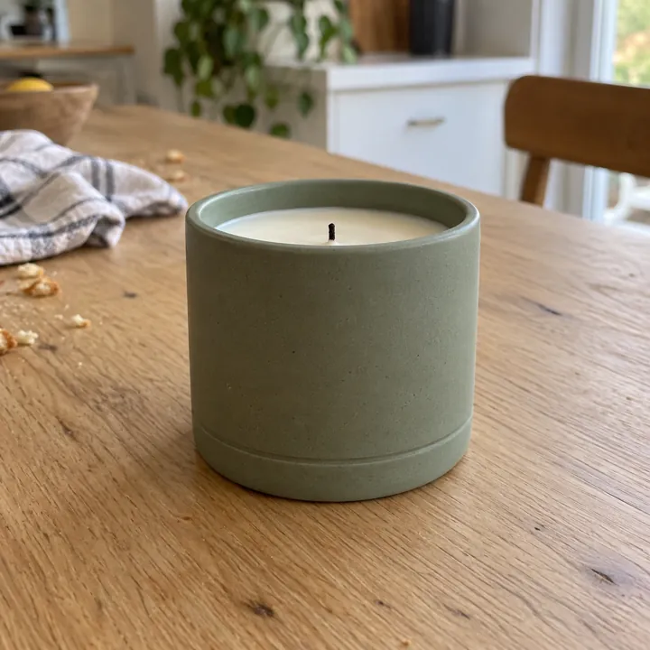 Ceramic candle photographed on a kitchen table