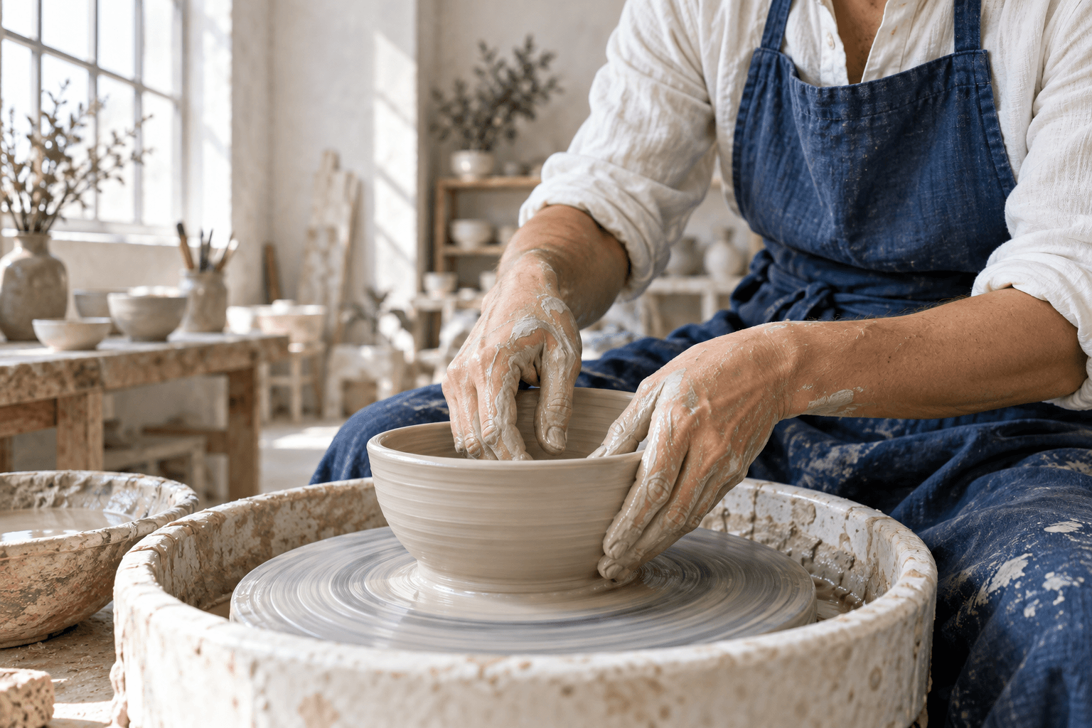 Illustrative artisan shaping clay in a workshop, generated concept image