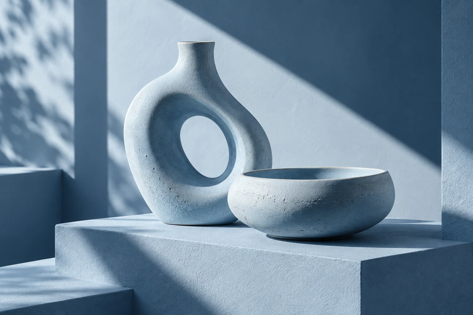Sculptural ceramics in a pale blue editorial setting