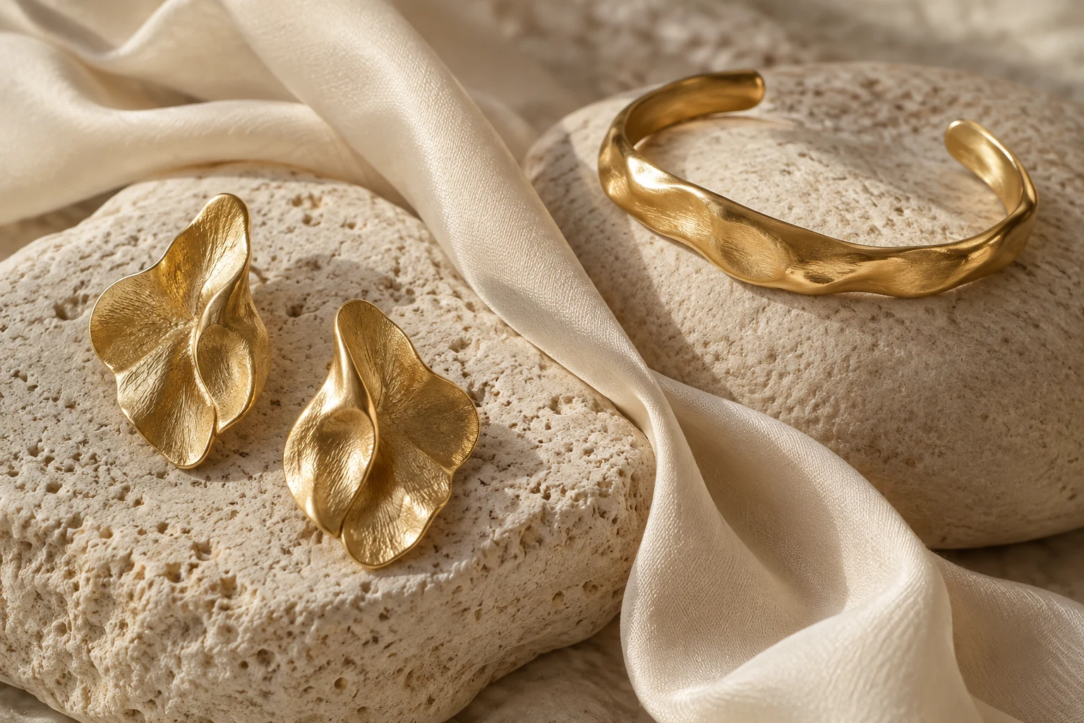 Artisan jewelry with warm neutral studio lighting