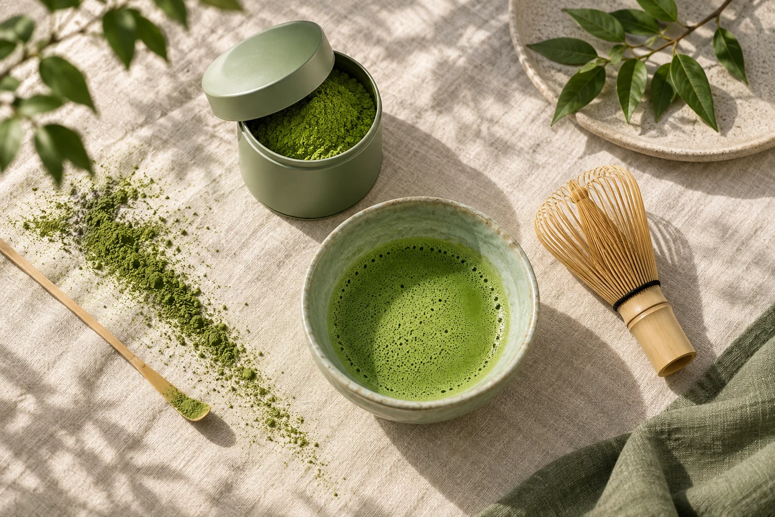 Premium matcha packaging in a sage green setting