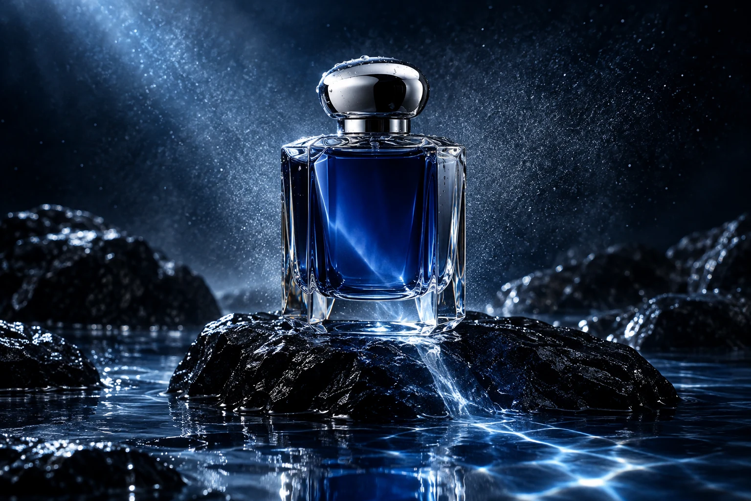 Glass perfume bottle in a moody navy scene